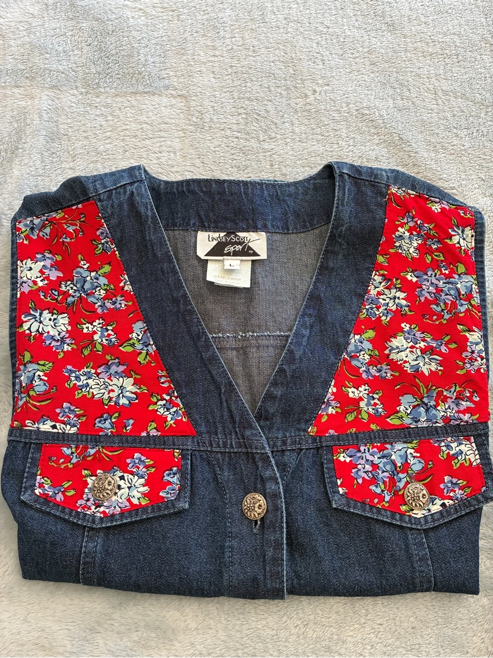 Lindsey Scott Denim Vest with Red Floral Panels and Pewter Buttons